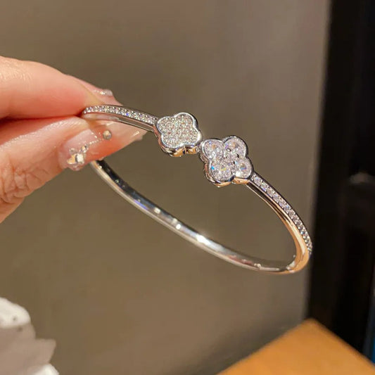 Gold Tone Crystal Flower Bangle Bracelet